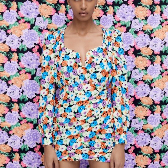 ZARA NWT Floral Print Dress Multicolor XS - Picture 7 of 10